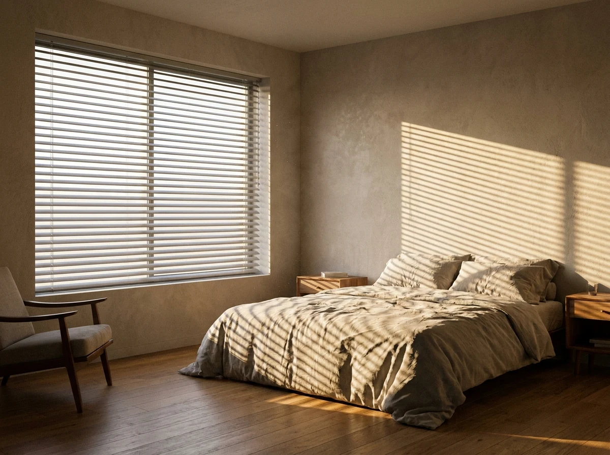 Bedroom aluminium venetian blind tilted half-open, afternoon light