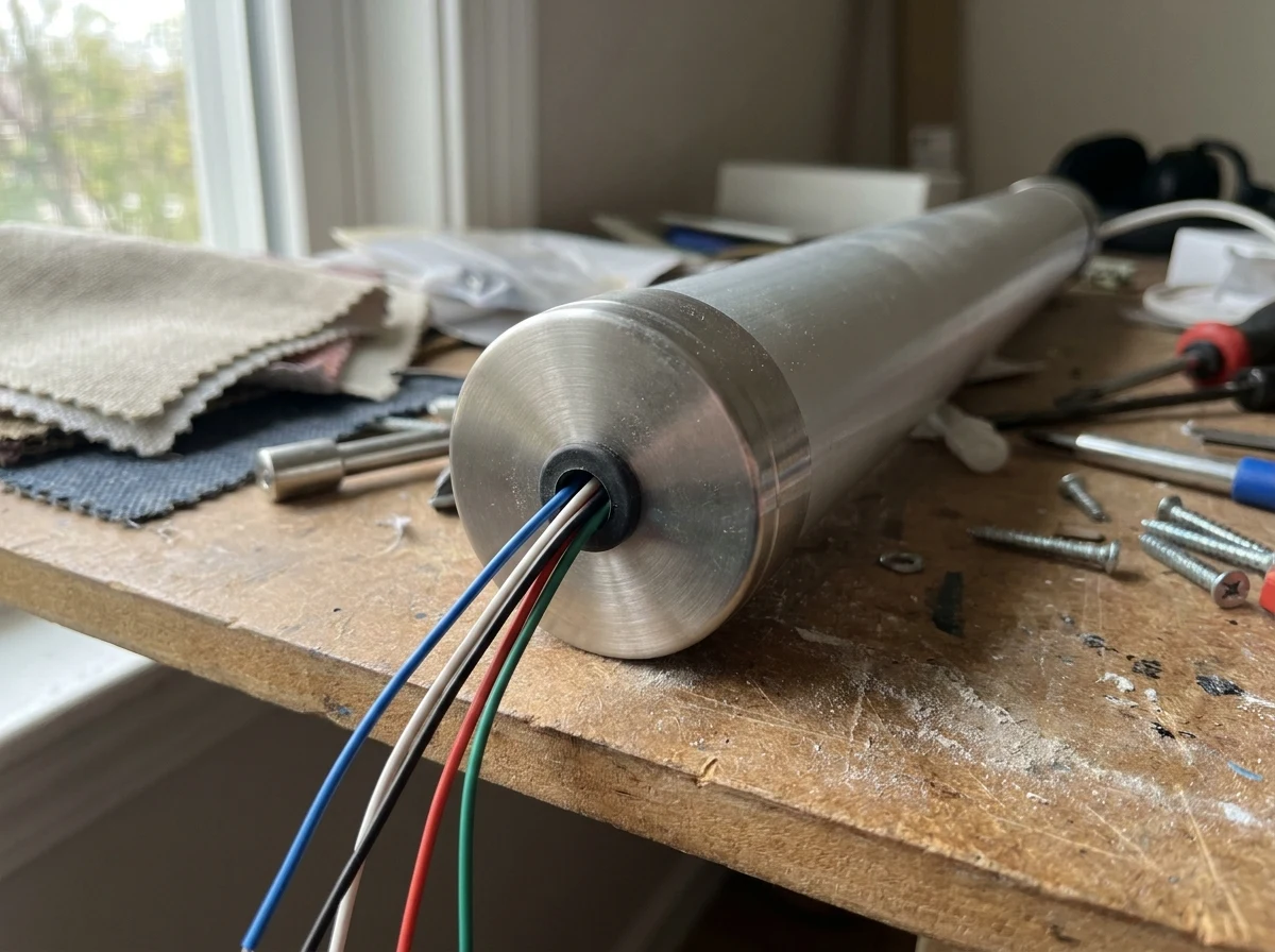 Close detail of a blind motor tube end cap and wiring, workbench setting