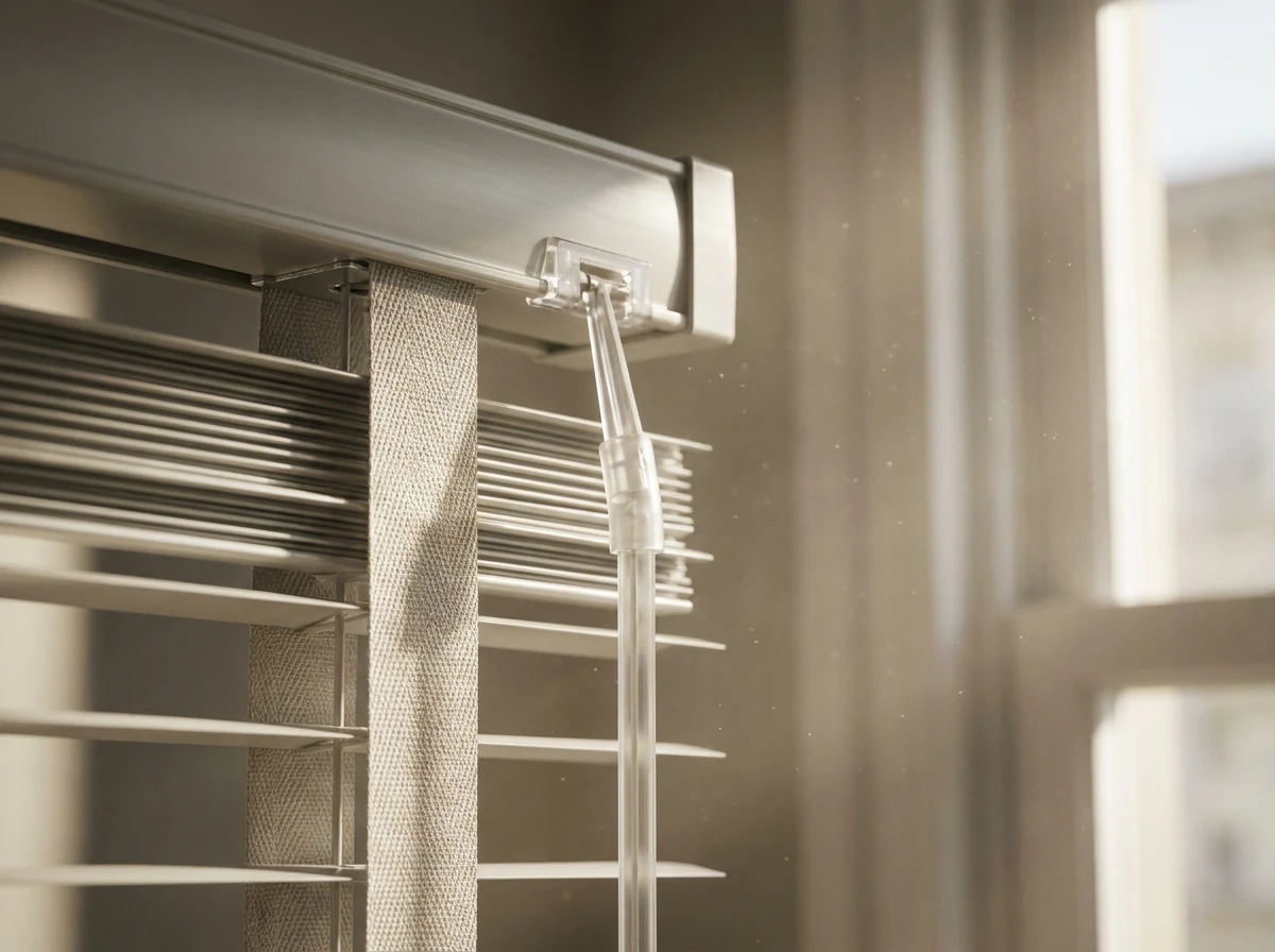 Close detail of venetian ladder tape and tilt wand, indoor light