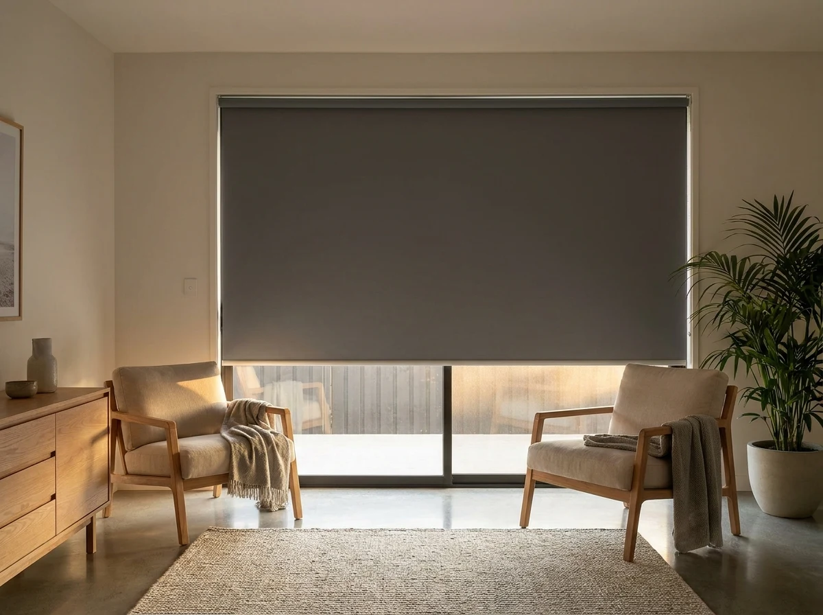 Guest suite blockout roller blind lowered over a sliding door, afternoon light