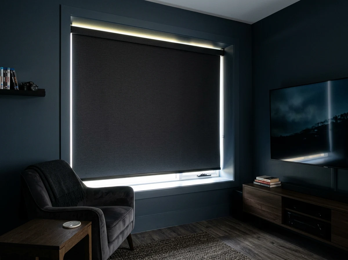 Media room blockout roller blind lowered over a window, dark fabric, midday