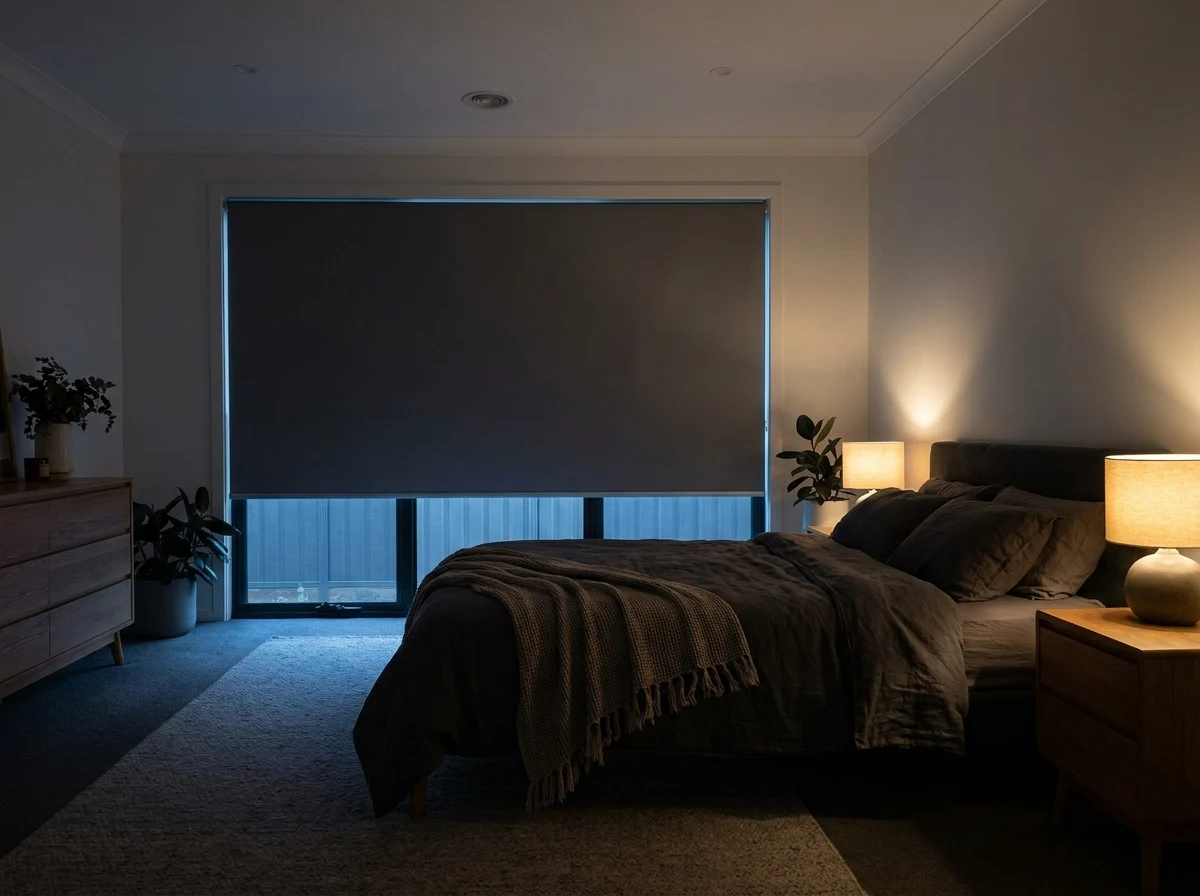Main bedroom blockout roller blind fully lowered over a large window, dim room, evening