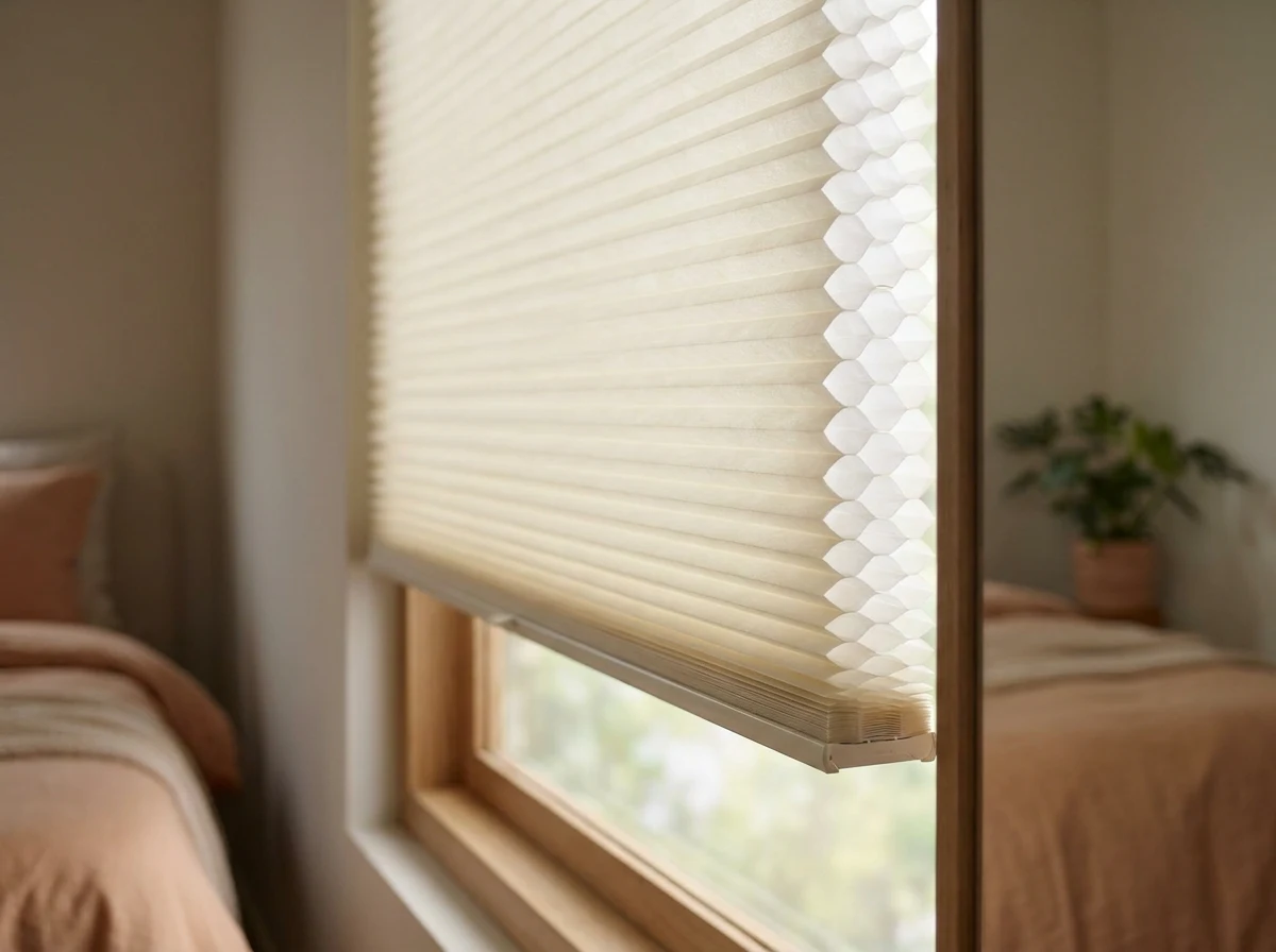Cellular honeycomb blind lowered over a bedroom window, cutaway view of the cell structure at the edge, soft light
