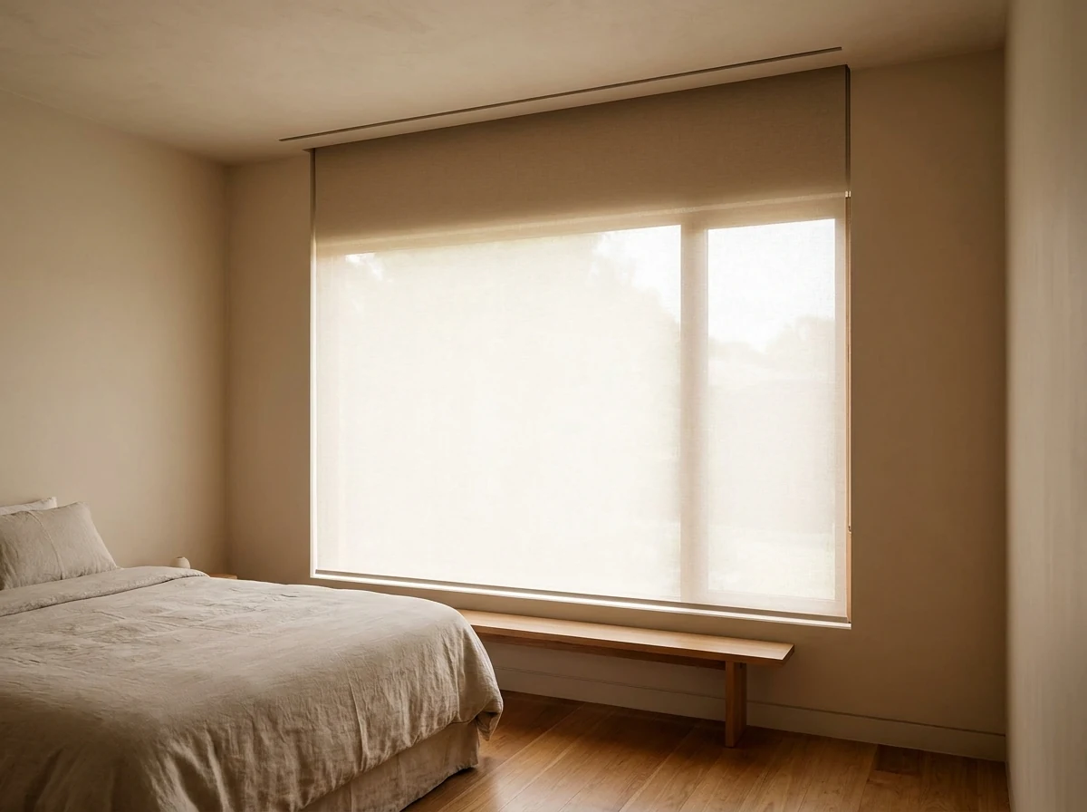 Sandhurst bedroom roller blind recessed into a slim ceiling pocket above the window, close-mid shot of the slot detail
