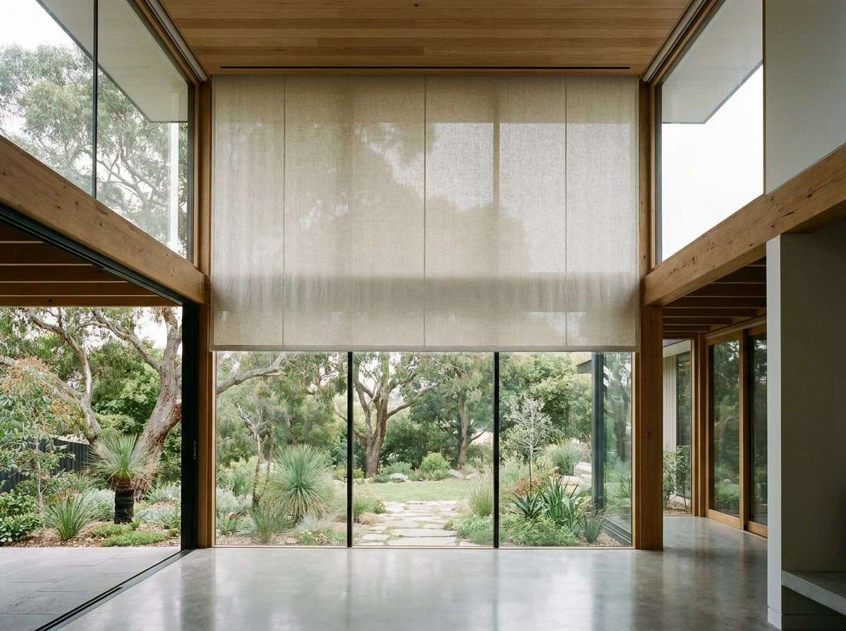 Double-volume window bay, recessed blind dropping from a ceiling slot, wide shot, garden beyond