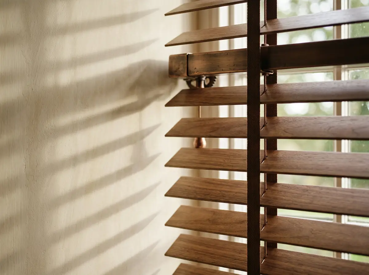 Close detail of timber venetian blind slats with the tilt mechanism and ladder tape, sunlight striping the plastered wall
