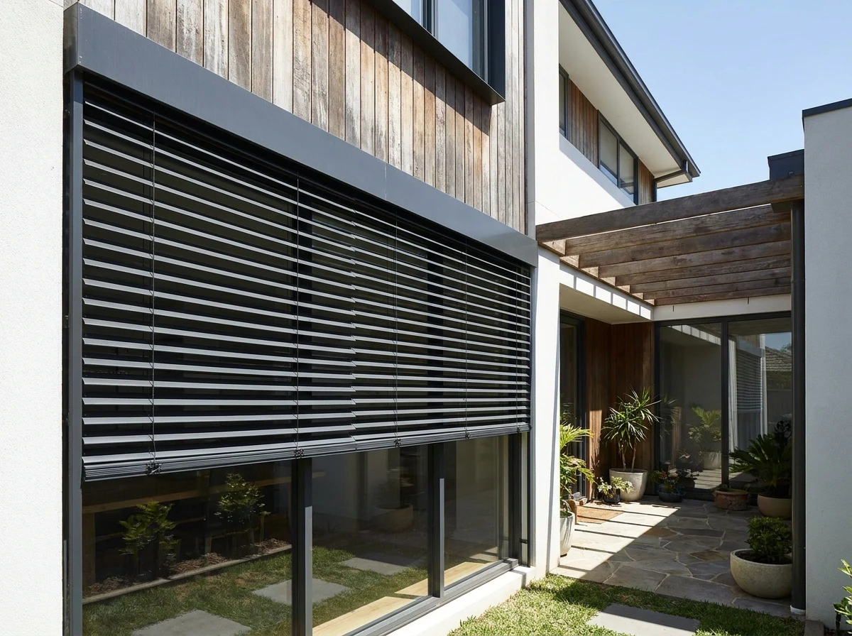 House facade with aluminium external venetian blinds mounted outside a window beside a covered courtyard patio, midday light
