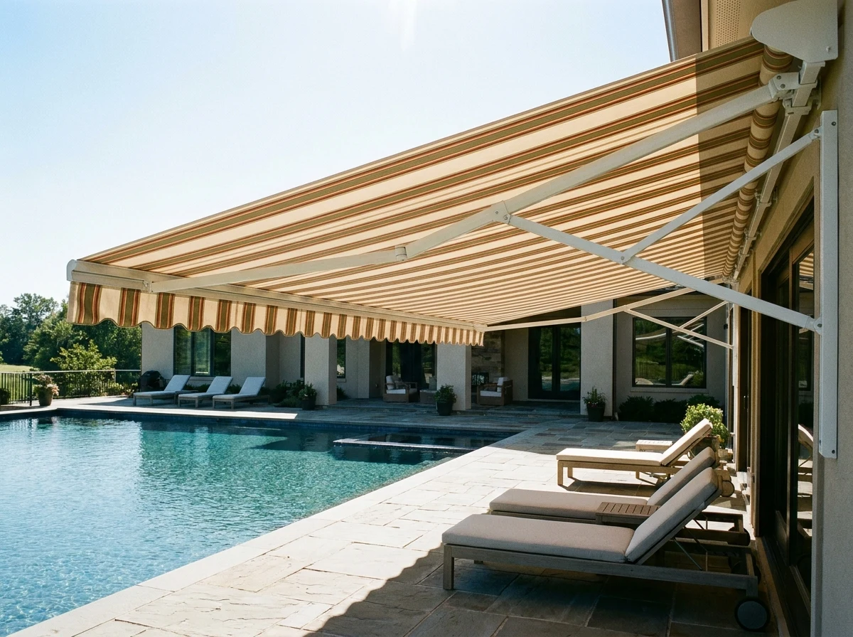 Folding-arm awning extended over a pool deck, striped canopy, bright midday