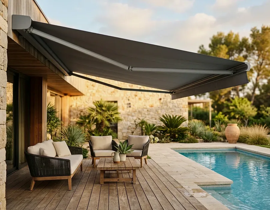 Folding-arm awning extended over a paved terrace, fabric canopy carried on articulated arms with no posts