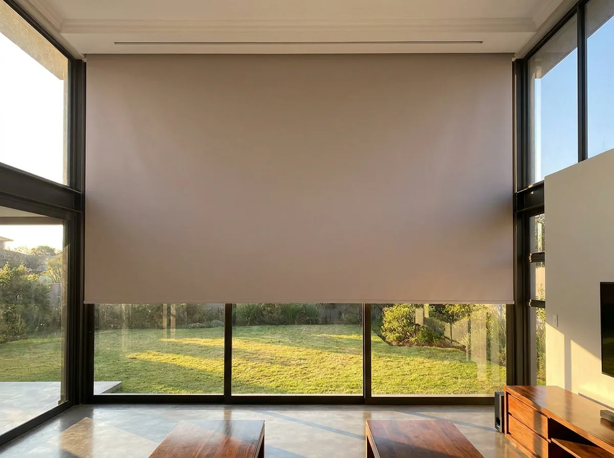A blockout roller blind dropping from a slim recessed slot in the ceiling of a double-volume Sandhurst window bay, one flat sheet with no visible hardware, garden beyond the lower glazing