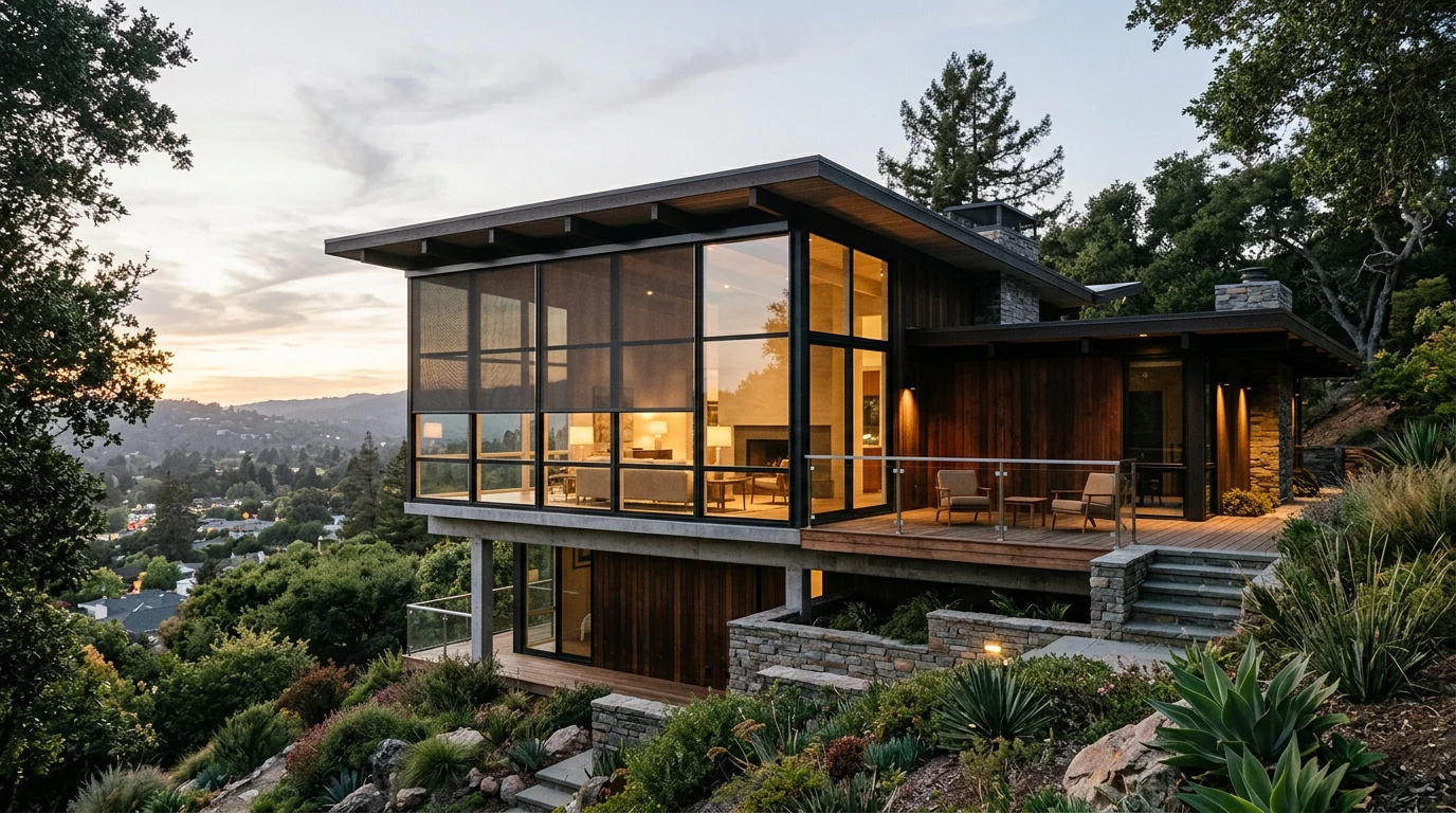 A mid-century home on a slope with a large glass wall, sunscreen blind partially lowered, soft dusk light