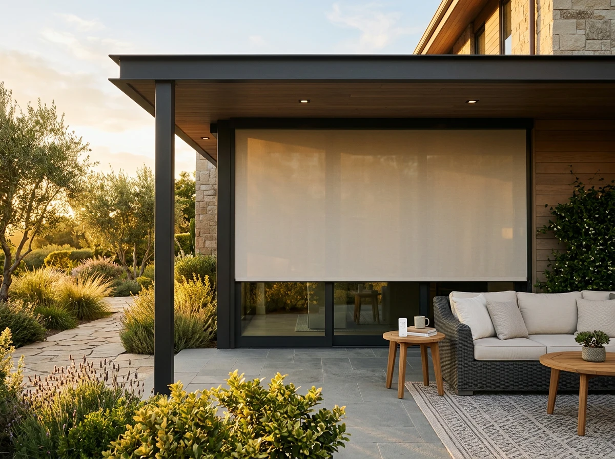Motorised blind lowered over sliding doors on a covered patio, remote on an outdoor table, golden hour light