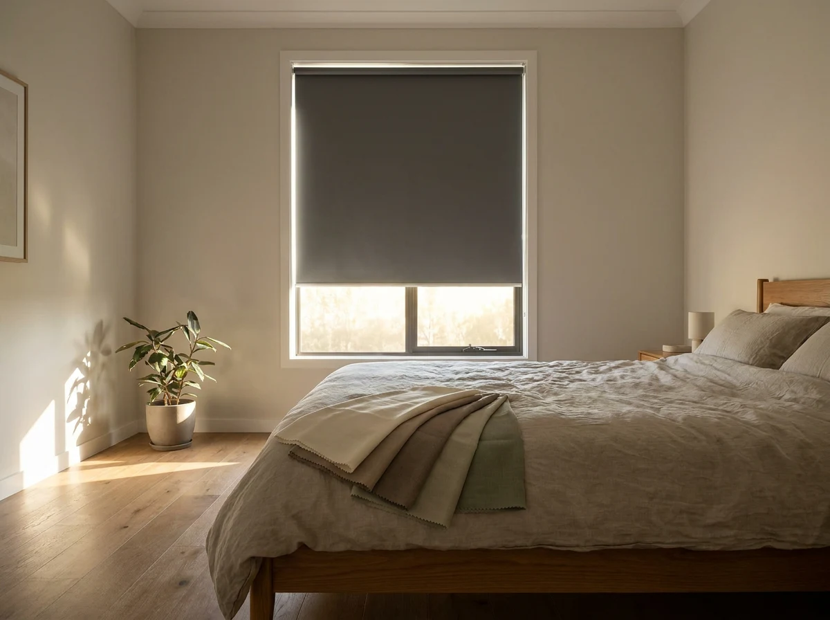 Sunlit main bedroom with a blockout roller blind partially lowered over a single large window, folded fabric swatches on the bed