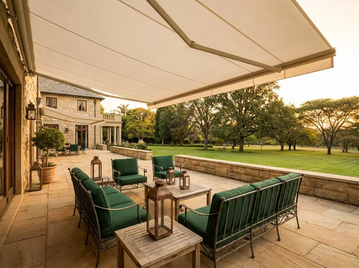 Folding-arm awning extended over a stone terrace at a Sandhurst manor house, lawn and old trees beyond