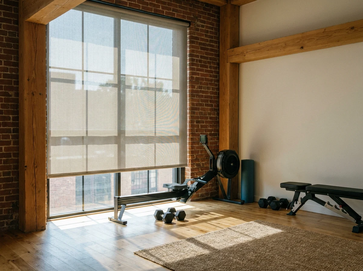 Home gym sunscreen roller blind over a tall window, bright daylight