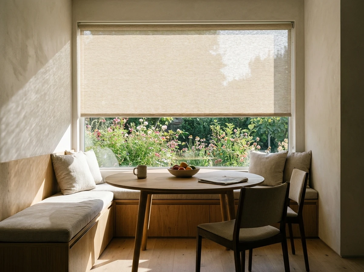 Breakfast nook sunscreen roller blind half-lowered, garden visible through the mesh, morning