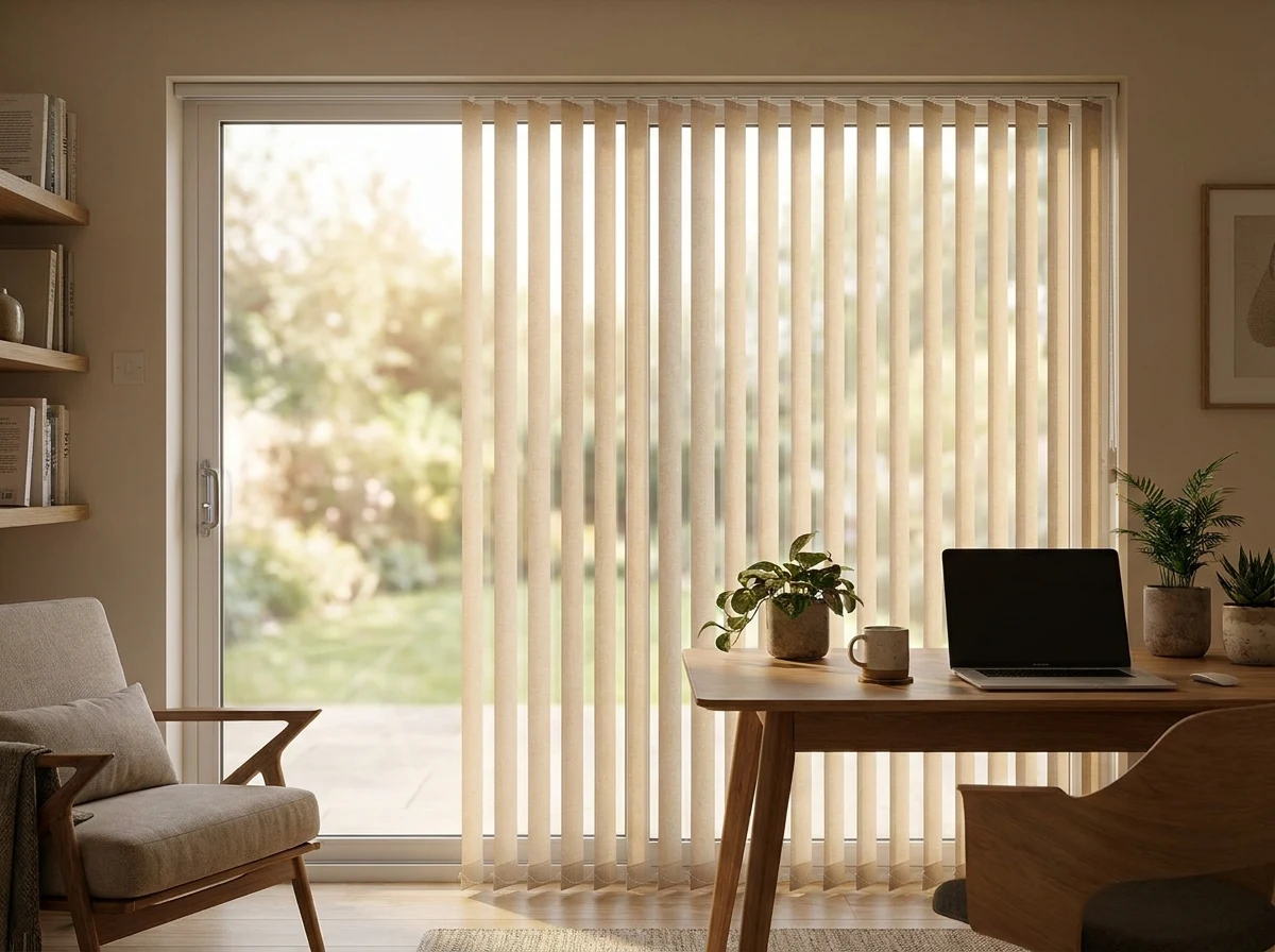 Vertical blind vanes in a home office, angled across a sliding door, soft afternoon light