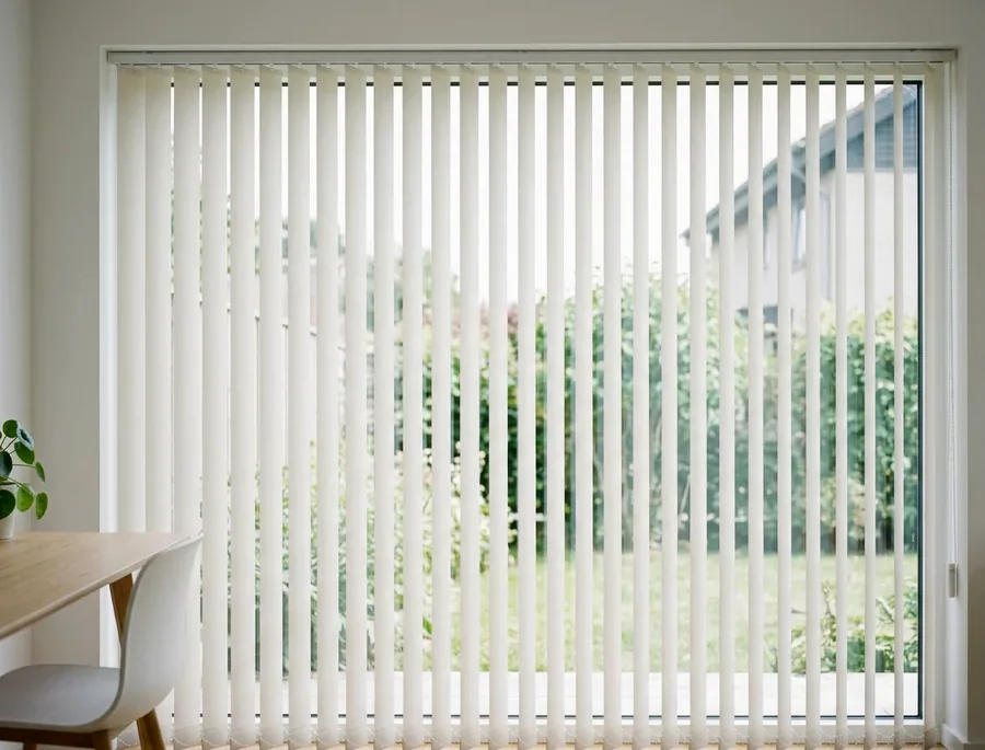 Vertical blind vanes hanging across a wide sliding door, angled to soften the light