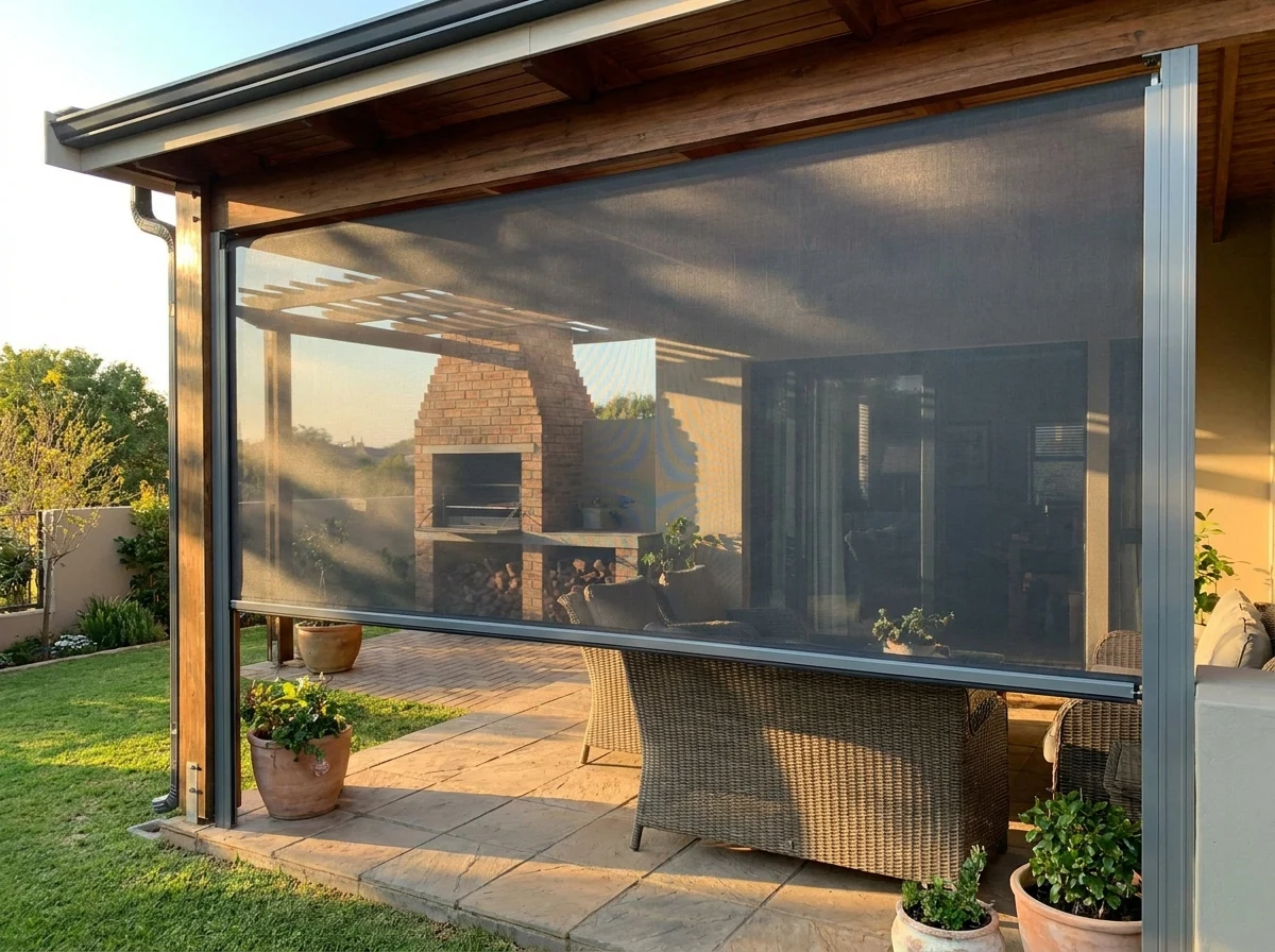 Covered entertainment patio zip screen lowered halfway, braai area visible, late afternoon