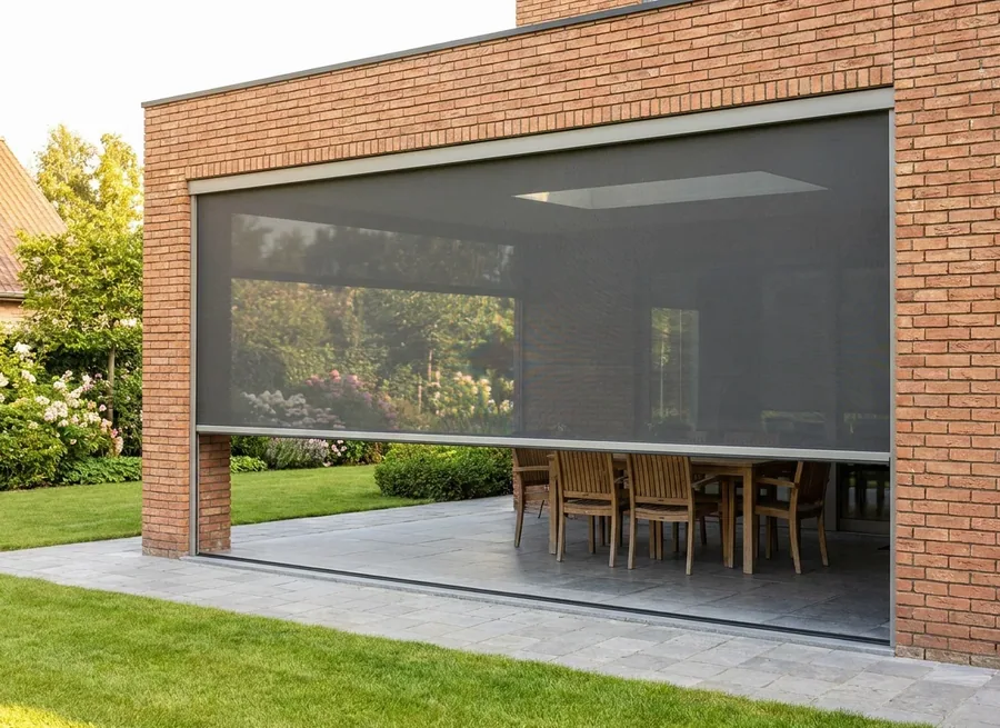 Zip screen of tensioned mesh running in side channels across a covered patio opening